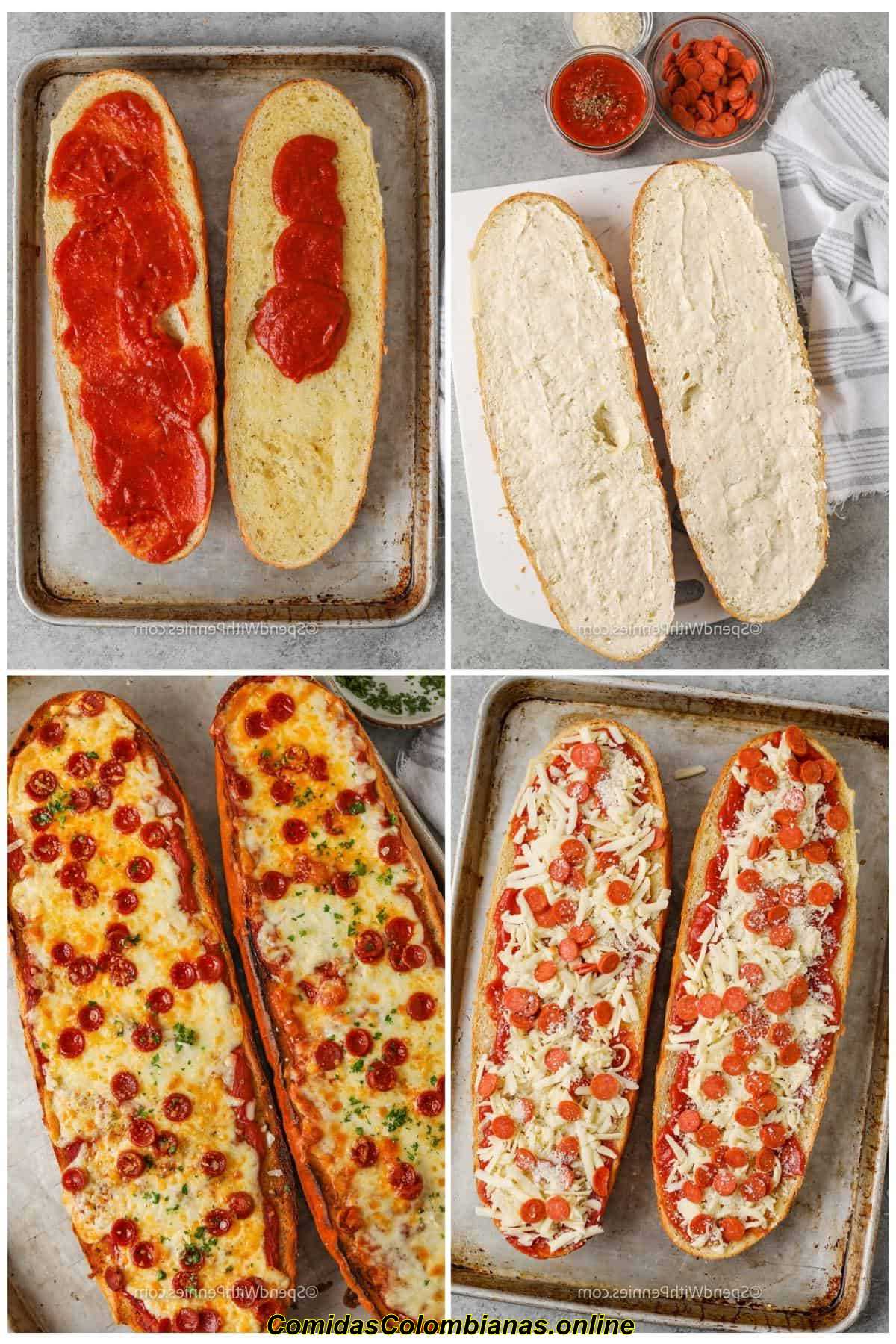 processo de adicionar ingredientes e cozinhar pizza de pão francês
