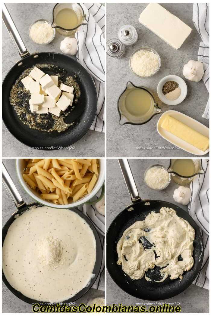proceso de agregar ingredientes a la sartén para hacer salsa para pasta con queso crema