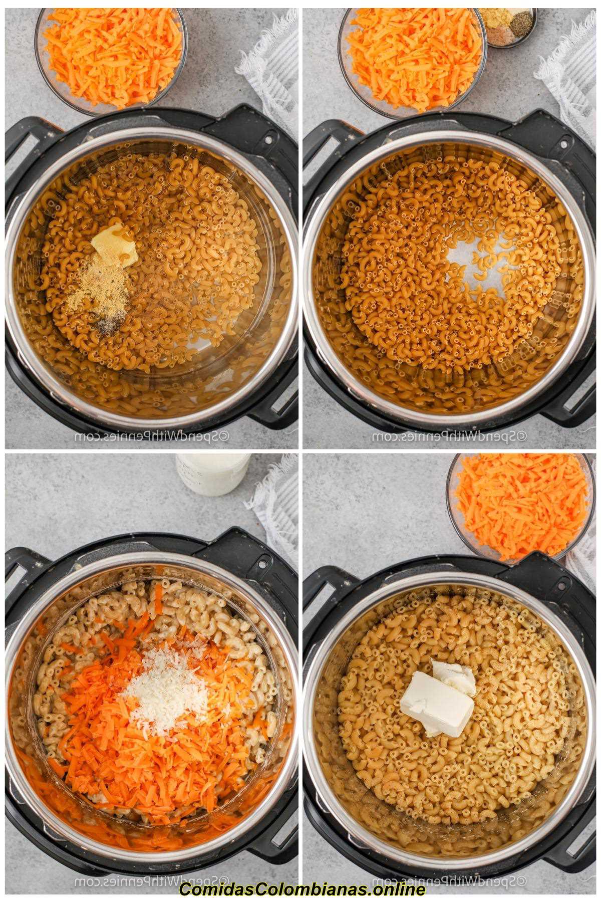 processo di aggiunta degli ingredienti per preparare Instant Pot Mac and Cheese