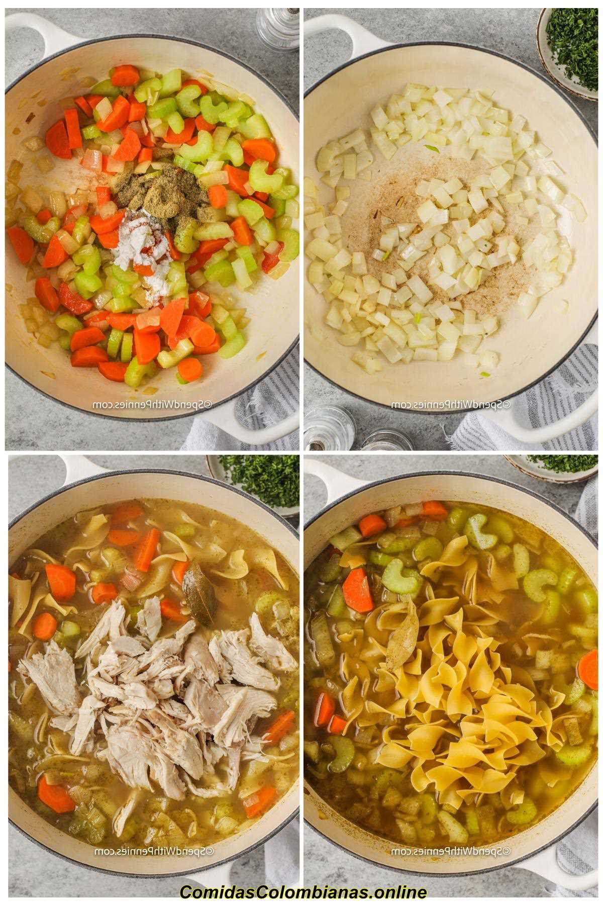 proceso de agregar ingredientes a la olla para hacer sopa de fideos con pollo casera