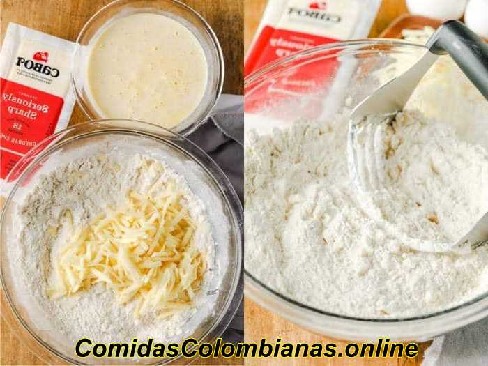 processus de tamisage de la farine et d'ajout de fromage pour faire des petits pains au fromage