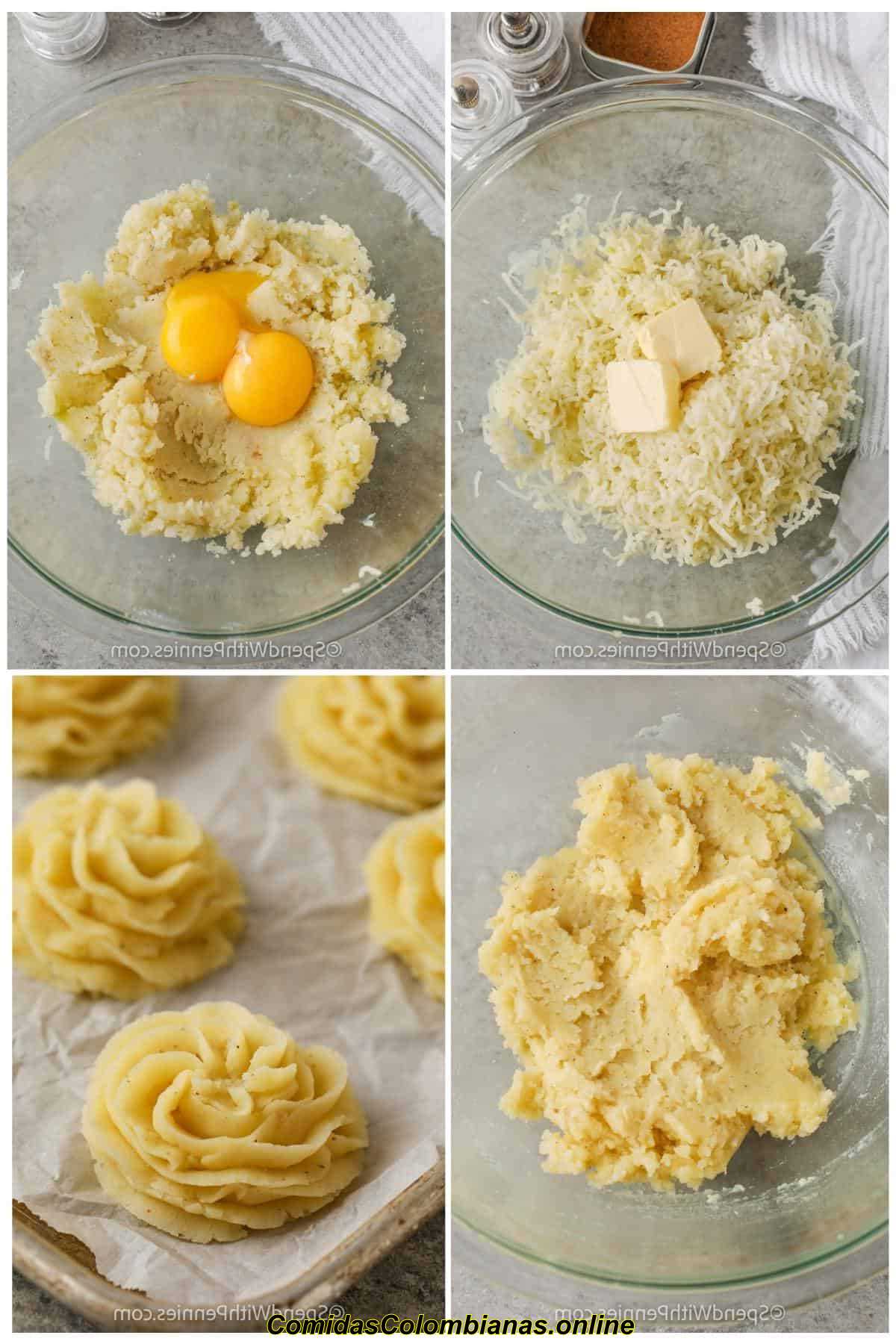 processo de adição de ingredientes para fazer batatas duquesa