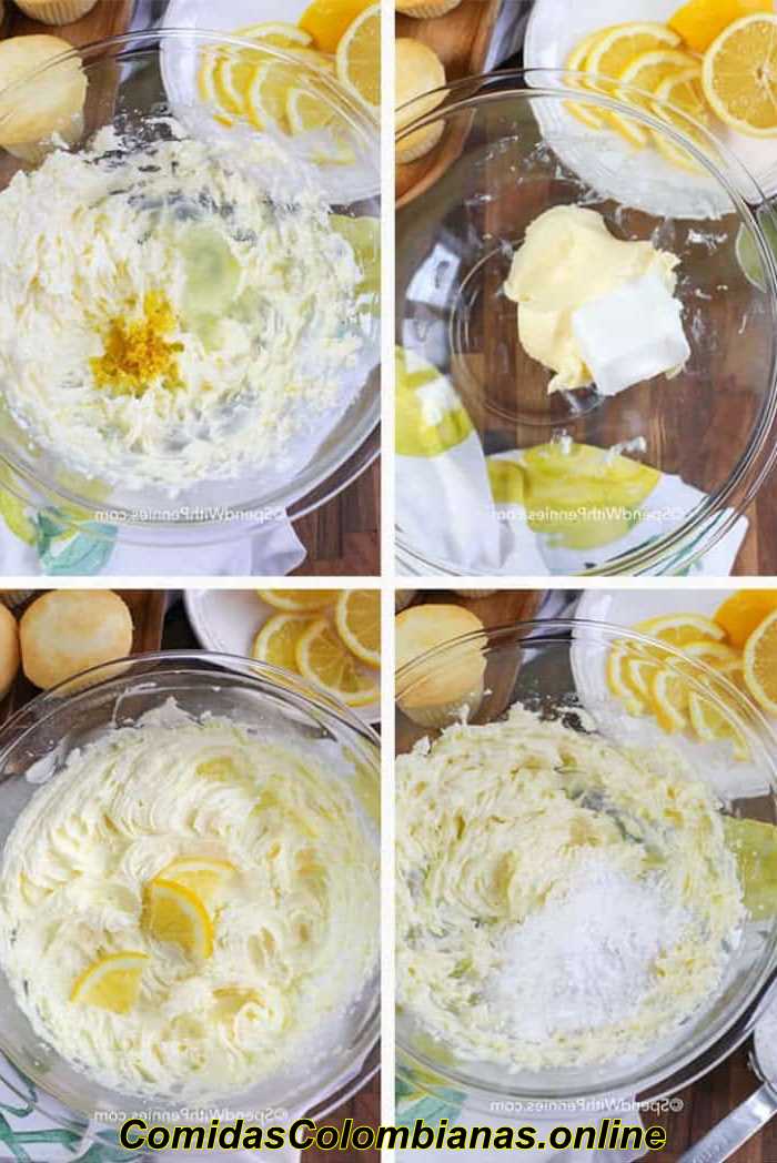 Tazón de vidrio con ingredientes de glaseado de crema de mantequilla de limón