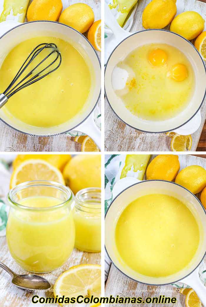 Cuajada de limón en una olla con un batidor y en un frasco