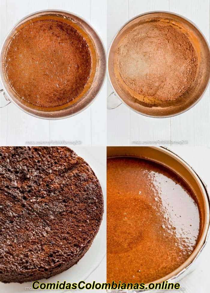 proceso de agregar ingredientes a la sartén para hacer pastel de chocolate