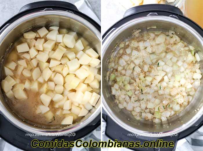 La imagen de la izquierda muestra papas cocidas en una olla instantánea con caldo y la imagen de la derecha muestra papas crudas en una olla instantánea con caldo