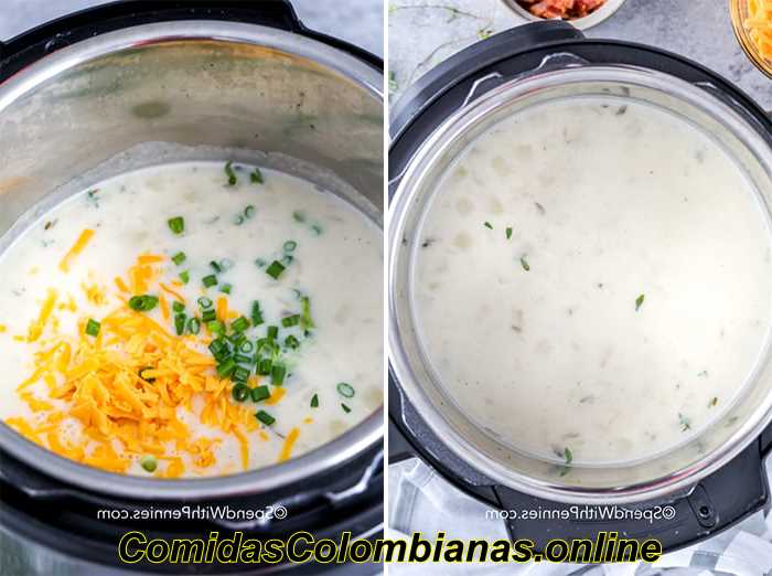 La imagen de la izquierda muestra papas y crema en una olla instantánea y la imagen de la derecha muestra papas y crema con cebollas verdes y queso cheddar para una sopa de papas instantánea