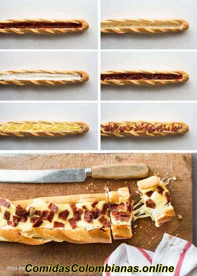 Collage photo de baguettes farcies à la sauce à pizza