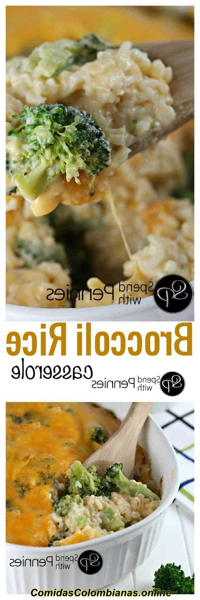 상단 이미지: 브로콜리 쌀 캐서롤이 제공됩니다. 하단 이미지: 필기로 준비한 브로콜리 쌀 캐서롤.