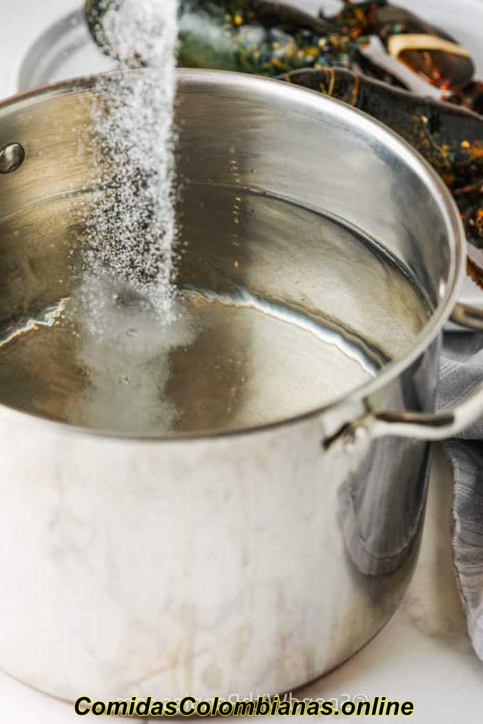 agregando sal al agua en una olla para mostrar cómo cocinar langosta